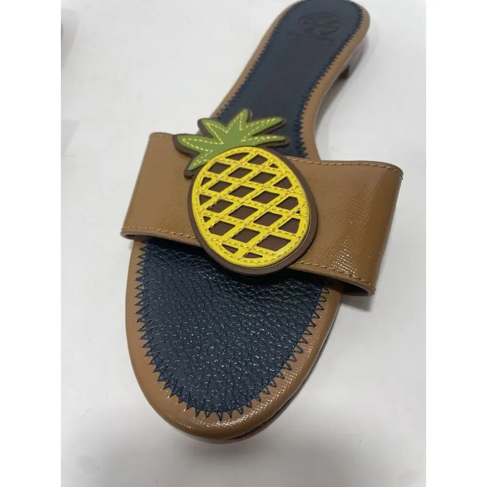 Tory Burch Brown Leather Pineapple Slide Sandals Size 8.5 Tropical Resort Luxury